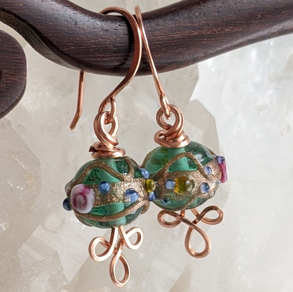 Venetian Emerald Glass Bead Earrings Copper Wire Wrap Colorful Handmade - Picture 16 of 16